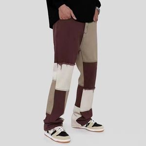 Męskie dżinsy brązowy Patchwork mężczyźni Retro ulica antyczna łatka projekt proste spodnie mężczyzna kobieta hip-hopowy pompon luźne wiosenne spodnie