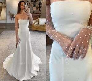 Simple Stretch Satin Pearls Wedding Dress For Women Bride Gowns White Mermaid Strapless Sweep Robe De Mariee 2023