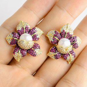 Stud Earrings Cz Pave Pearl White Yellow Gold Plated Flower