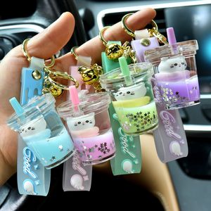 Boba leite chá líquido chaveiros acessórios de carro keyring charme rabbit glitter leite chá flutuante líquido acrílico líquido chaveiro