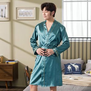 Men's Sleepwear Men Summer Solid Color Robe Male Silky Rayon Night Gown Nightwear V-Neck Kimono Bathrobe Soft Satin Home Clothes 3XLMen's