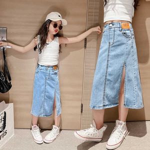 Skirts Girls Jeans Skirt Ankle Length Midi Kids Skirts Split Side Open High Waist Bottoms Denim For Children Vintage Denim Midi Skirts T230301