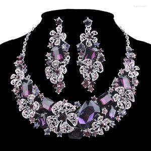 Brincos de colar Set Fashion Bridal Purple Rhinestone Wedding Party Decoration Crystal for Women Girl Flower Jewelry