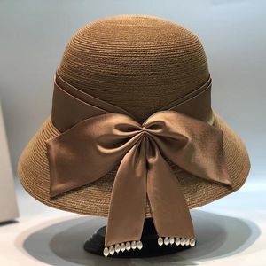 Stingy Brim Hats Retro French Hepburn Style Pearl Satin Bowknot Elegant Large Eaves Shade Show Face Top Hat Straw