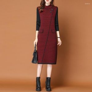Casual Dresses Half High Neck Knitted Dress Winter Long Over The Knee Fashion Bottoming Shirt Korean Classic Plaid Can't Afford Ball