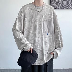 Herren-T-Shirts, 3D-Falten-Textur, Herbst-Winter, langärmelig, Herren-Shirt, lockerer koreanischer Stil, O-Ausschnitt, modische Freizeitkleidung, übergroße Tops, Weiß