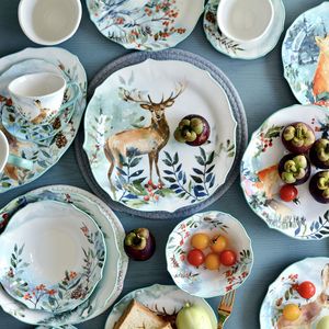 Dinnerware Sets Colorful Animals Dinner Plate Underglazed Ceramic Dishes Mug Dessert Tray Flower Kitten Microwave Safe 230302