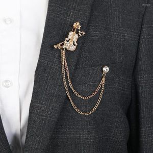 Brooches Fashion Art Violin Pin Badge Brooch Men Suit Lapel Crystal Rhinestone Metal Chain Tassel Collar Buckle Corsage Jewelry