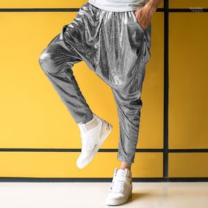 Calça masculina personalidade feminina masculina prata grandes calças de grochs de palco de performance de performance harem mens hip hop skinny calntsmen boun22