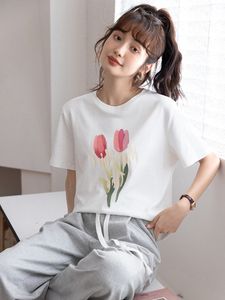 Mishow verão feminino camiseta manga curta tulipa impressão tops oneneck sólido 100 algodão casual camisetas mxb29t0536 230301