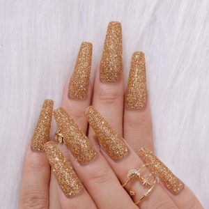 Falsche Nägel 24 Stück Nagelspitzen, volle Abdeckung, Kristall, Glitzer, Gold, DIY, französische lange Ballerina-Fälschung