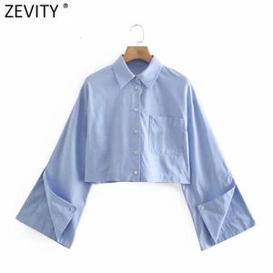 Женские блузкие рубашки Zevity Women Fashion Pocket Patch Patch Business Блуза Blouse Femme Split с длинным рукавом короткая рубашка Roupas Chic Tops LS9109 230302