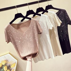 Women's T Shirts Women 2023 Summer Knitted Shirt Female Fashion Casual Slim V-Neck Ice Silk Top Short Sleeve Chic Femme Clothes E36