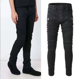 Schwarze Biker-Denim-Jeans für Herren, große Größe 40, Stretch-Baumwollbesatz