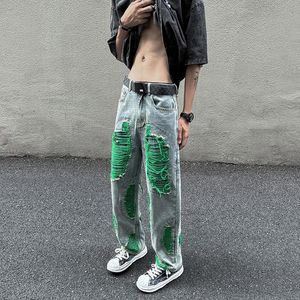 남자 청바지 개인화 된 미국 홀 파산 카울 바지 baggy homme streetwear wash 바이커 데님 고품질 바지 맨스