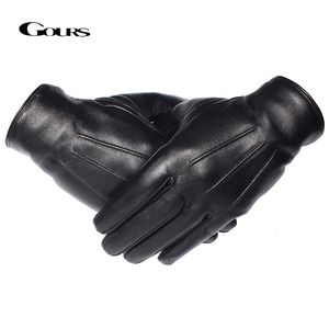 5本の指の手袋gours冬用手袋の男性本革の手袋タッチスクリーン黒い本物のシープスキンウールライニング温かい運転手袋GSM050 230302
