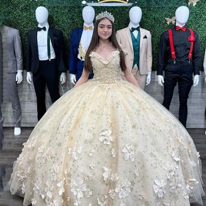 Sparkly Tulle Champagne Off The Shoulder Quinceanera Dresses 3D Flower Princess Ball Gown Vestido De 15 Anos Sweet 16 Dresses Gala