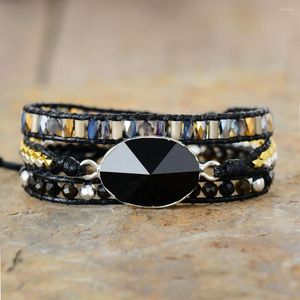 Strand Black Wrap Armband w/ Natural Stone Pyramid Onyx Crystals Beaded Triple Statement Vegan Armband Bijoux Bohemian smycken