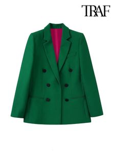 Kombinezony damskie Blazers Traf Fashion Dwumiastek z zielonym płaszczem blezerowym Vintage Długie rękawie Pockets żeńska odzież wierzchnia elegancka 230302