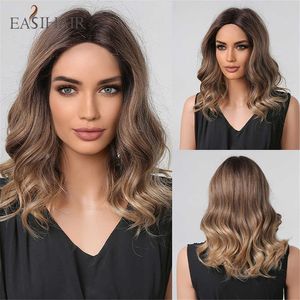 Synthetic Wigs Easihair Medium Shoulder-length Synthetic Wigs Middle Part Ombre Brown Hair for Black Women Daily Cosplay Heat Resistant 230227