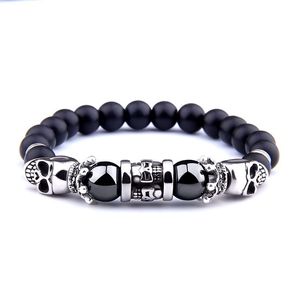 Strands Skull Series Strands Series Black Breads Bracelet Hematita Natural Gems Moda Cabeça Onyx Stone Charm Men