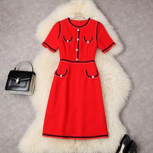 Summer Short Sleeve Round Neck Dress White / Red Contrast Color Panelled Buttons Knee-Length Elegant Casual Dresses 22W175002