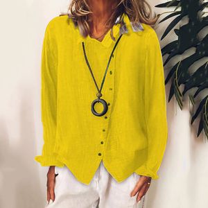 Camicette da donna Camicie Camicia da donna in cotone e lino Camicie oversize con bottoni laterali irregolari Camicette da donna in tinta unita moda Bianco Giallo Top Blusas 230302