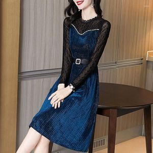 Casual Dresses Autumn Dress Female 2023 French Frosty Temperament midja Slim tunn långärmad mesh guld sammet o hals lång ärm