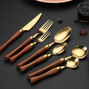 Учетные наборы посуды Jaswehome7pcsset Plastware 304Stainless Steel Fork Fork Spoon Golden Rosewood Renge Ergonymic Westernstyle Tableware 230302