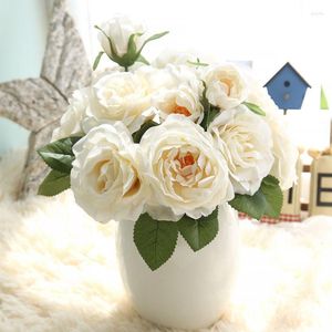 Flores decorativas 7 cabeças de seda rosa artificial buquê de noiva para decoração de casamento diy decoração falsa decoração de casa adereços