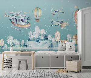 Wallpapers CJSIR Custom Helicopter Air Balloon Over Cartoon Village Wallpaper Background For Children's Room Wall Decoration