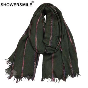 Scarves SHOWERSMILE Cotton Linen Men Scarf Winter Army Green Striped Tassel Scarf Men Fashion Ethnic Style Male Accessories 230302