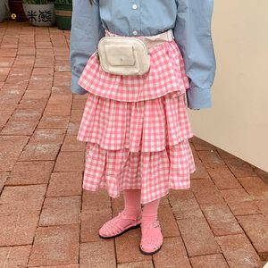 Skirts 2022 Spring Korean Style Baby Girls Pink Plaid Skirts Cotton Cute Toddlers Children Layered Skirt tutu skirt women T230301