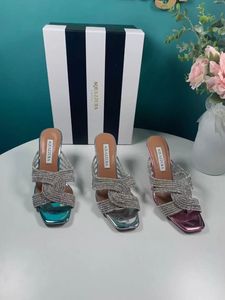 Aquazzura en kaliteli tasarımcılar topuklu kadın sandalet topuklar crysta toka parti gelinlik ayakkabıları topuk seksi arka kayış deri taban sandal