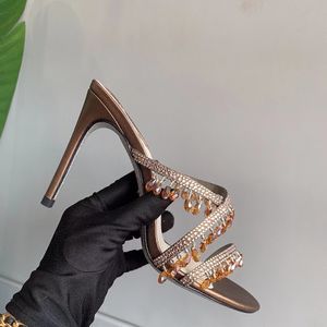 Rene Caovilla Crystal Chandelier Embellished Strap Slippers Shoes Rhinestone Spool Heel Women's Heels Designers Heeled Sandals Factory designer shoes