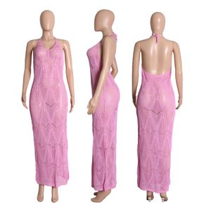 2024 Designer Knitted Dresses Summer Women Sexy Backless Maxi Dress Ladies See Through Halterneck Long Style Dress Holiday Beach Wear Wholesale items 9373