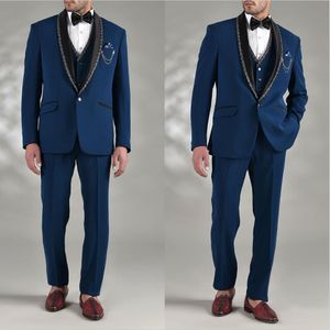 Summer Navy Blue Mens Tuxedos Beading sjal Lapel skräddarsydd brudgum Party Prom Coat Business Wear Outfit 3 stycken