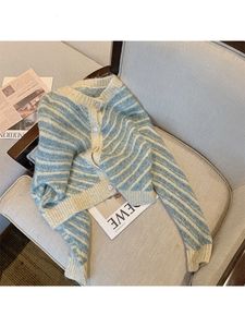 Women's Knits Tees Blue Color Women Autumn Winter Striped Design Knit Cardigan Sweater O-neck Baggy Long Sleeve Knitwear Retro Single Breasted 230302