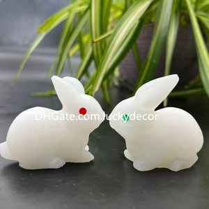 Marble Stone Carved Rabbit Figurine Statue Decor Hand Sculpted Cute Mini White Easter Bunny Sculpture Red Green Eyes Spirit Animal Totem Ornament Gift for Her & Kids