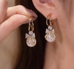 Trend Crystal Zircon Bow Pendant Earrings For Women Party Girl Imitation Pearl Dangle Earrings Luxury Wholesale Jewelry GC1943