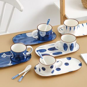 Koppar tefat japansk handmålad kreativ kopp med maträtt och sked underglasera keramiskt kaffe te tefat set hem bordsartikel unika gåvor