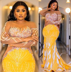 2023 Arabic Aso Ebi Yellow Mermaid Prom Dresses Crystals Beaded Feather Evening Formal Party Second Reception Birthday Engagement Gowns Dress ZJ704