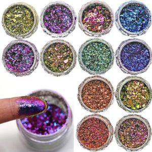 Nail Glitter 12 Box Set Chameleon Nail Glitter Flakes 3D DIY Pulver Powder Dust Mirror Chrome Pigment Flakes nagelkonst Oregelbundet pulver FT79 230302