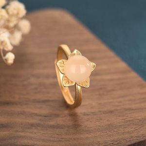 Alyans çin tarzı kadın takı antik altın doğal hetian yeşim boncuk yüzüğü basit çiçek açılışı kadın saatleri için ayarlanabilir