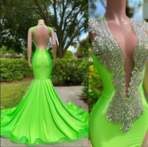 2023 Mermaid Evening Dresses Sleeveless Beaded Plunging V Neck Floor Length Sexy Backless Custom Made Formal Ocn Wear Arabic Prom Gown Vestidos 403 403