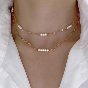 Choker IngeSight.Z Korean Double Layer Three Pearls Clavicle Chain Necklace For Women Elegant Exquisite Gold Color Link