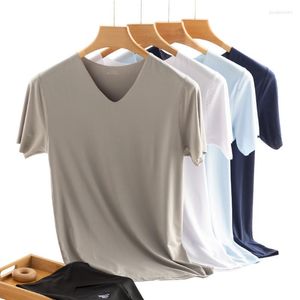 Herrtankar m-5xl män sommar is silkeskjorta korta ärmar sömlösa v hals topp fast färg ultratunn cool sport t-shirt under tröja plus