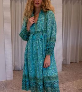 Party Dresses Happie Queens Women Green Floral Print Beach Long Bohemian Robe Ladies Summer Rayon Cotton Midi Dress Vestidos