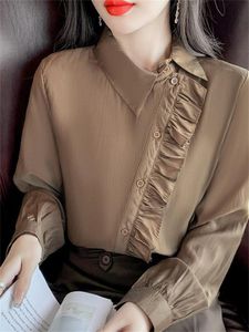 Women's Blouses & Shirts Fashion Ruffled Oblique Button Long-sleeve Shirt Korean Style Solid Color Pullover Blouse Casual Clothing Spring Su