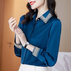 Women's Blouses & Shirts Silk Satin Autumn Women Fashion Embroidery Turn-down Collar Long Sleeve Blue Shirt Office Lady Elegant Loose Button